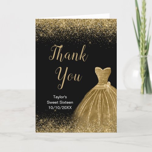 Gold Dress Faux Glitter Sweet 16 Birthday Thank You Card