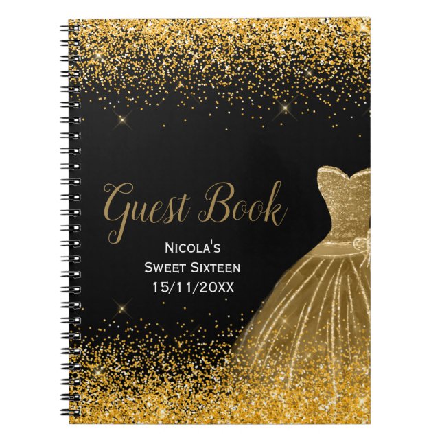 Gold Dress Faux Glitter Sweet 16 Guest Book (Front)