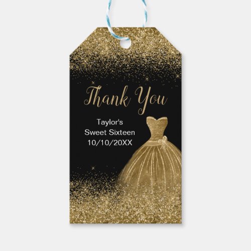 Gold Dress Faux Glitter Sweet 16 Thank You Gift Tags