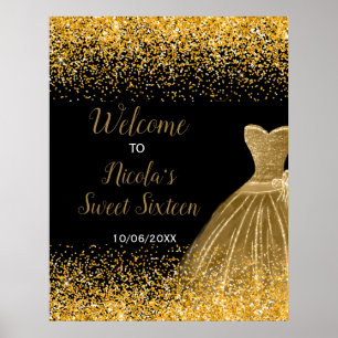 Gold Dress Faux Glitter Sweet 16 Welcome Poster