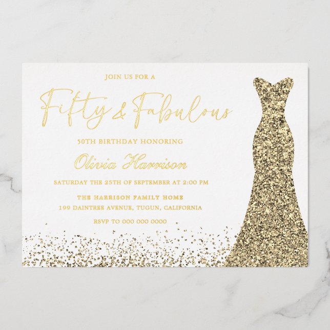 Gold Dress Fifty & Fabulous 50th Birthday Golden Foil Invitation (Front)