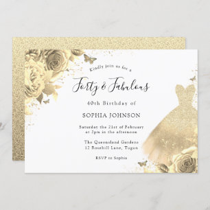 Gold Dress Floral 40th Birthday Forty & Fabulous Invitation