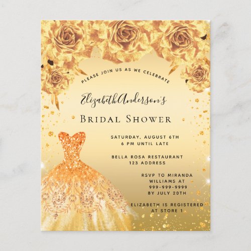 Gold dress floral bridal shower budget invitation