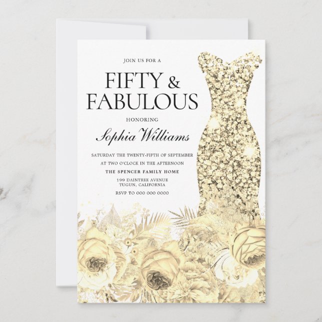 Gold Dress Floral Fifty & Fabulous 50th Birthday Invitation (Front)