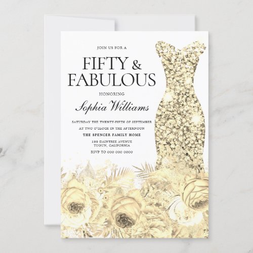Gold Dress Floral Fifty  Fabulous 50th Birthday Invitation