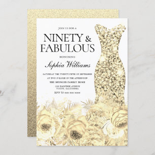 Gold Dress Floral Ninety & Fabulous 90th Birthday Invitation