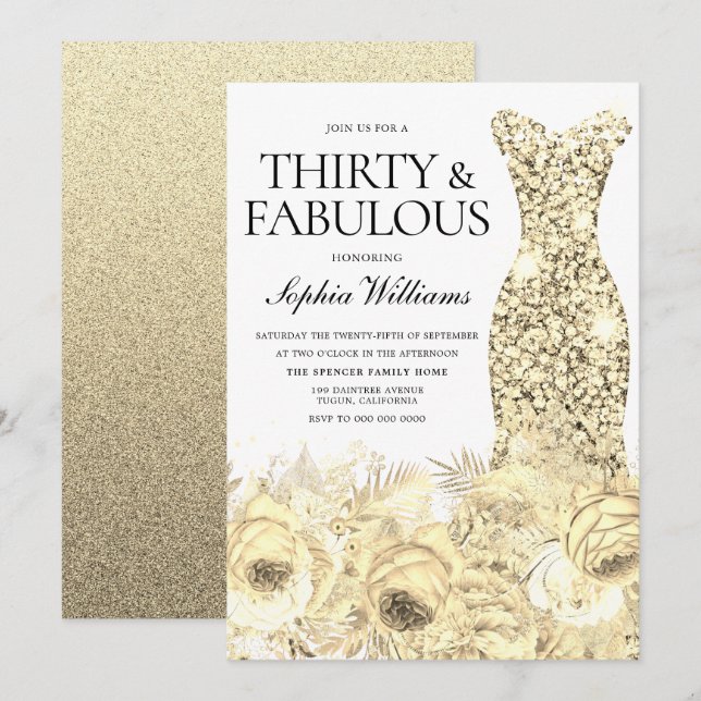 Gold Dress Floral Thirty & Fabulous 30th Birthday Invitation (Front/Back)