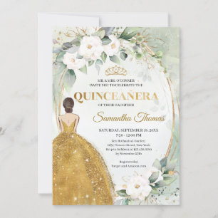 Gold dress gold tiara crown white roses greenery invitation