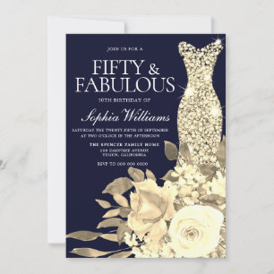 Gold Dress Golden Flowers Navy 50th Birthday Party Invitation