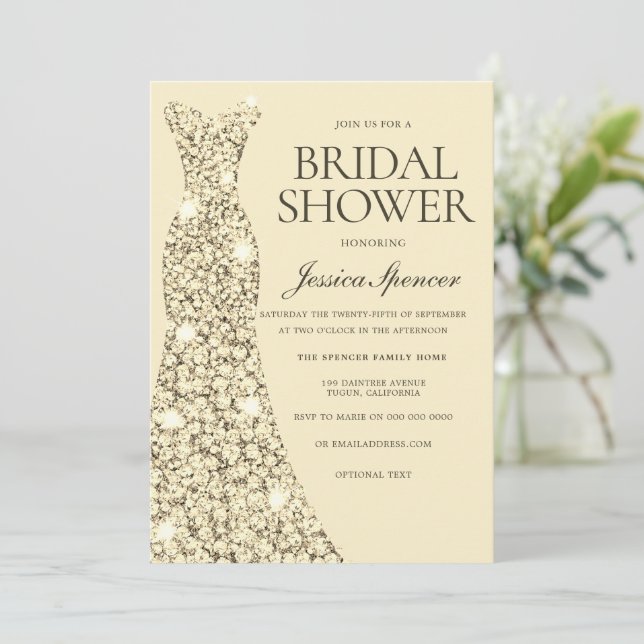 Gold Dress Golden Gown Bridal Shower Invitation (Standing Front)