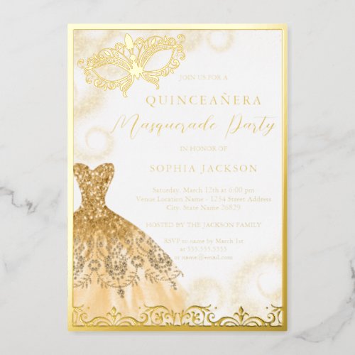 Gold Dress Masquerade Party Quinceanera  Foil Invitation