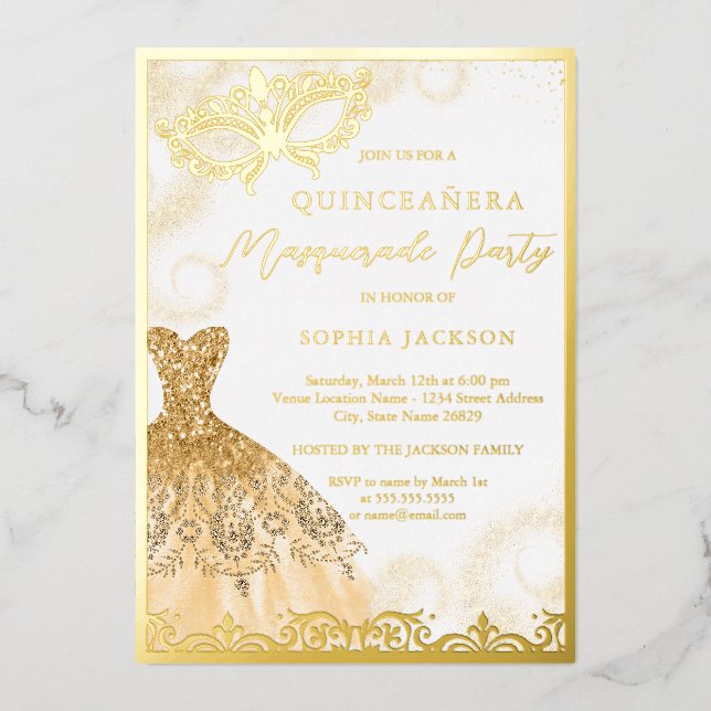 Gold Dress Masquerade Party Quinceanera  Foil Invitation (Front)