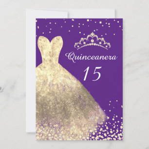 Gold Dress Purple Quinceanera 15th Birthday Party Invitation