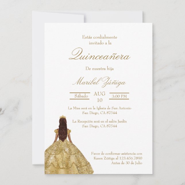 Gold dress Quinceanera invitation (Front)