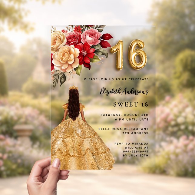 Gold dress red florals roses clear acrylic invitations (Creator Uploaded)