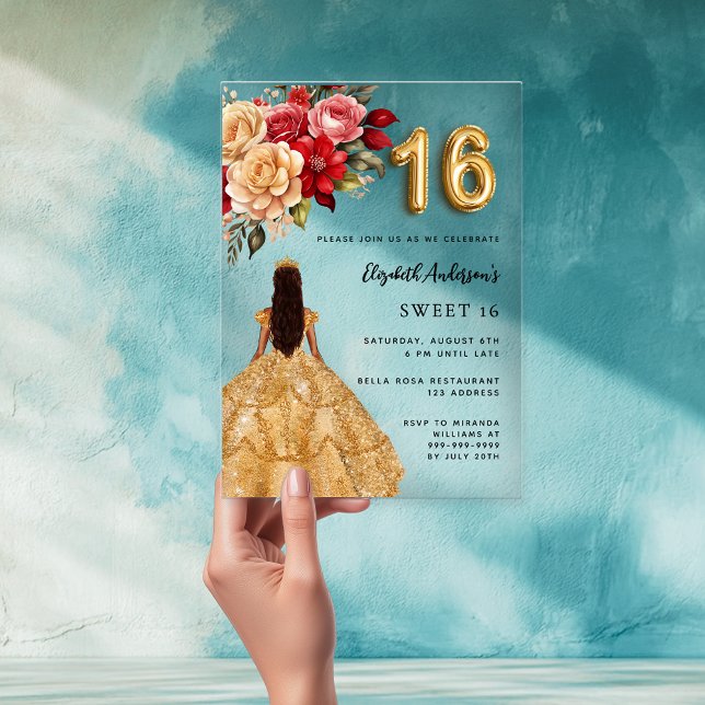 Gold dress red florals roses clear acrylic invitations (Creator Uploaded)