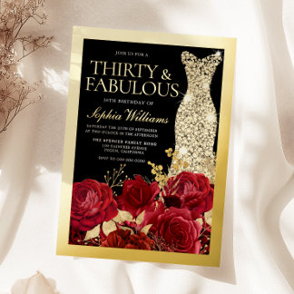 Gold Dress Red Roses 30th Birthday Gold Foil Invitation