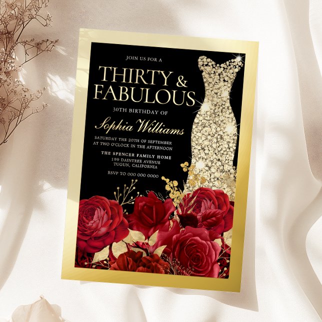 Gold Dress Red Roses 30th Birthday Gold Foil Invitation (Creator Uploaded)