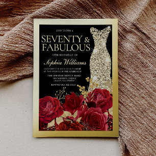 Gold Dress Red Roses 70th Birthday Gold Foil Invitation
