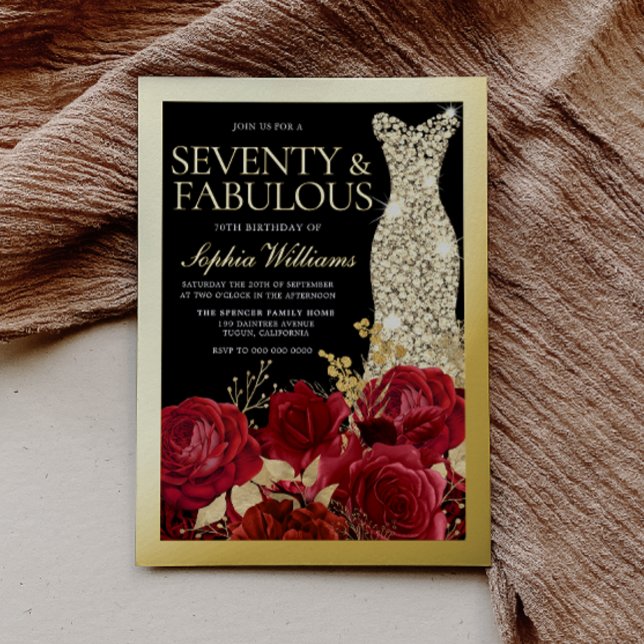 Gold Dress Red Roses 70th Birthday Gold Foil Invitation (Creator Uploaded)