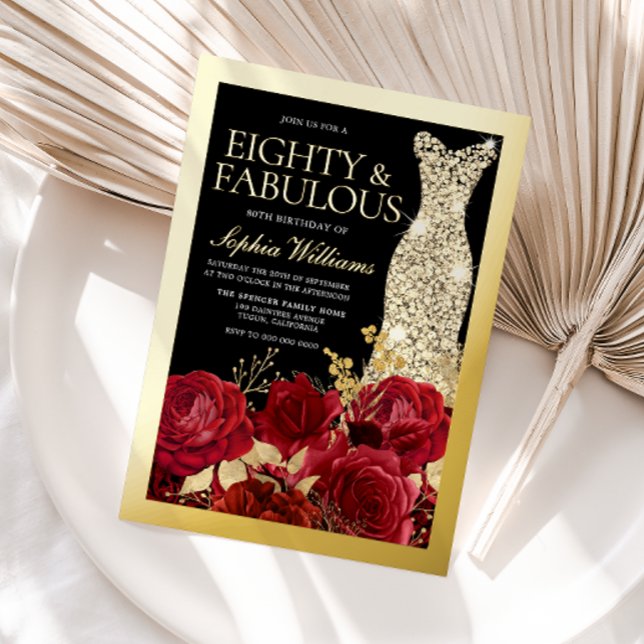 Gold Dress Red Roses 80th Birthday Gold Foil Invitation (Creator Uploaded)