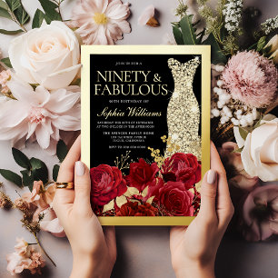 Gold Dress, Red Roses Ninety 90th Birthday Gold Foil Invitation