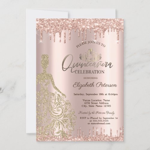 Gold Dress Rose Gold Glitter Drops Quinceaera Invitation