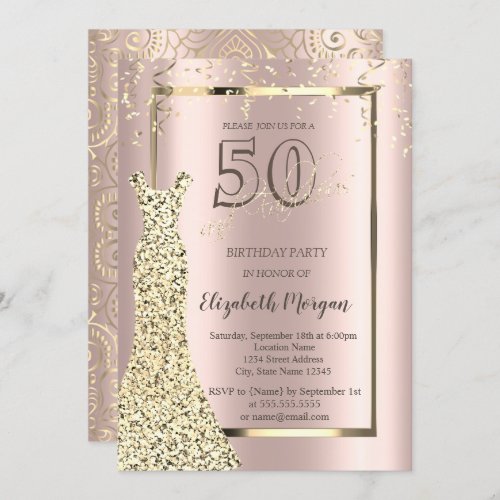 Gold Dress Rose GoldGold Mandala 50th Birthday Invitation