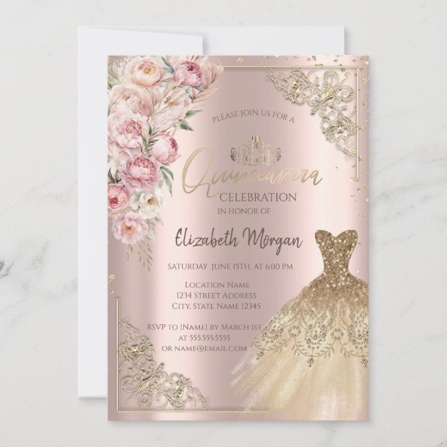  Gold Dress Roses Diamonds Rose Gold Quinceañera Invitation (Front)