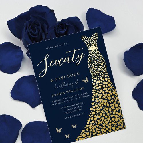 Gold Dress Seventy  Fabulous 70th Birthday Party Foil Invitation