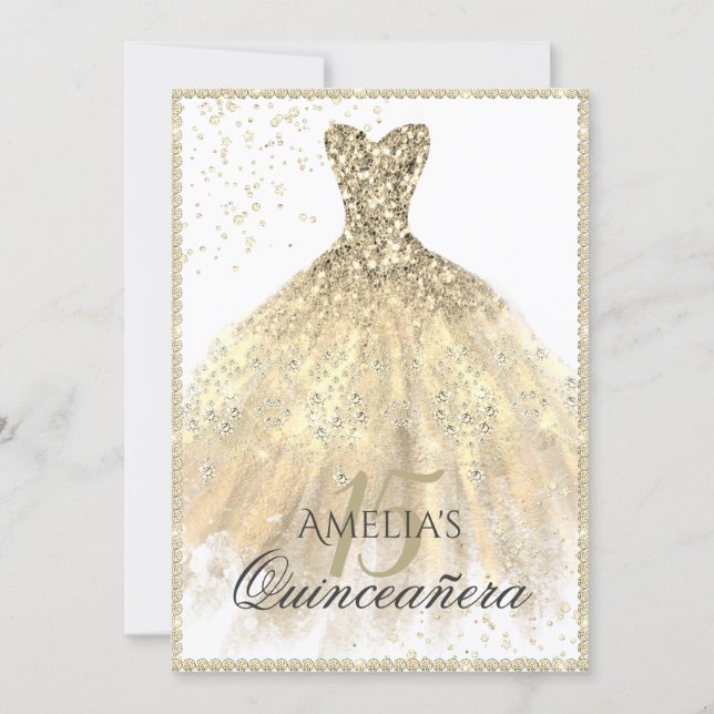 Gold Dress Sparkle 15th Quinceanera Invitation (Front)