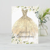 Gold Dress Sparkle Floral Quinceanera Invitation (Standing Front)