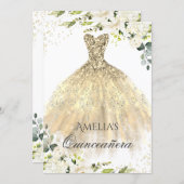 Gold Dress Sparkle Floral Quinceanera Invitation (Front/Back)