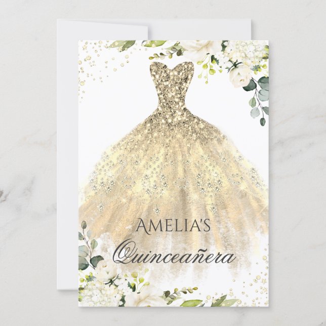 Gold Dress Sparkle Floral Quinceanera Invitation (Front)