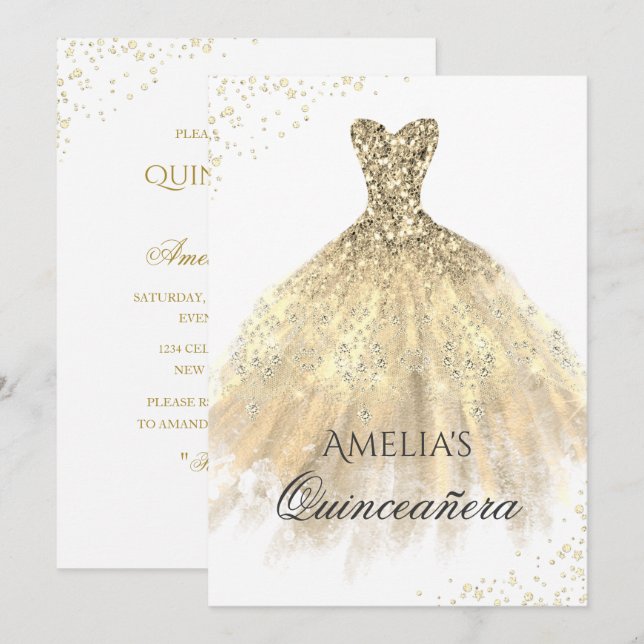 Gold Dress Sparkle Quinceanera Invitation (Front/Back)