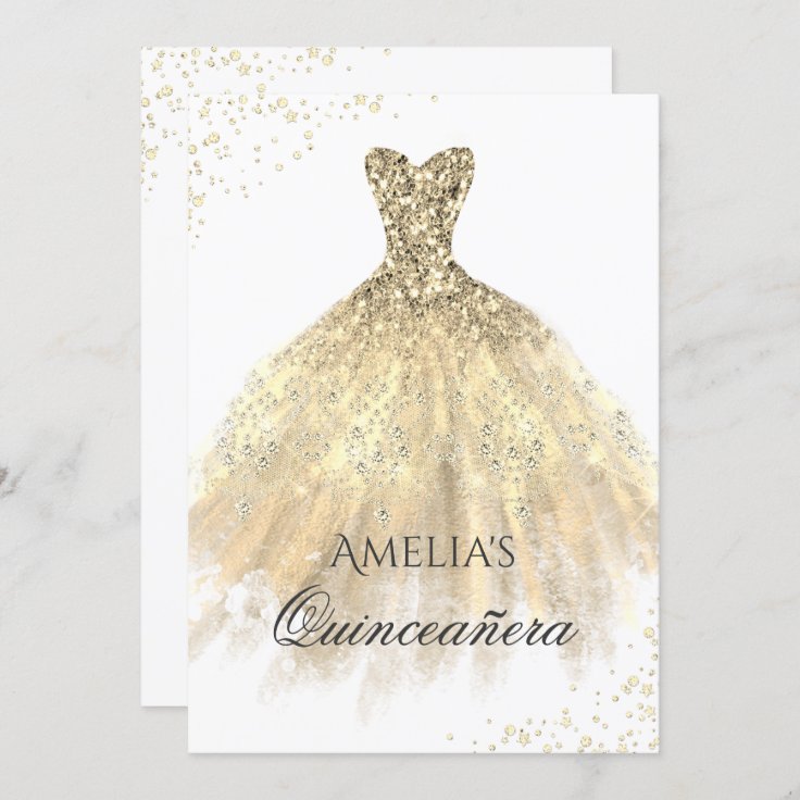 Gold Dress Sparkle Quinceanera Invitation | Zazzle