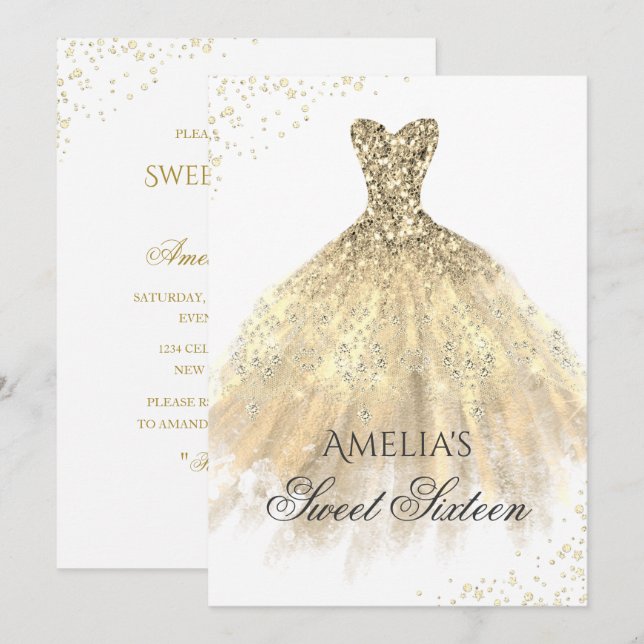 Gold Dress Sparkle Sweet 16 Birthday Party Invitation (Front/Back)