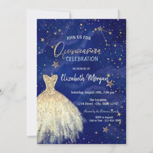 Gold Dress Stars Galaxy Quinceaera Invitation