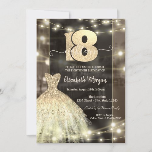 Gold Dress String Lights 18th Birthday  Invitation