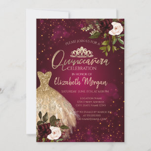 Gold Dress Tiara, Burgundy Flowers Quinceañera Invitation