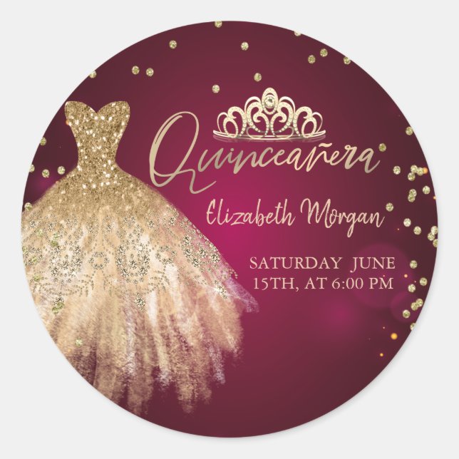 Gold Dress Tiara,Diamonds Burgundy Quinceañera Classic Round Sticker (Front)