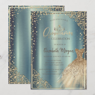  Gold Dress Tiara,Diamonds Metallic Quinceañera  Invitation