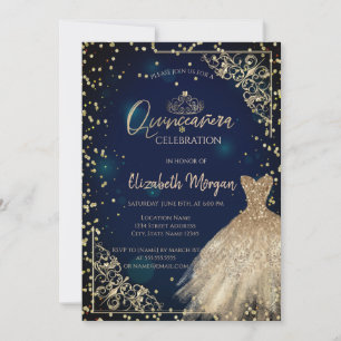 Gold Dress Tiara,Diamonds Navy Blue Quinceañera Invitation