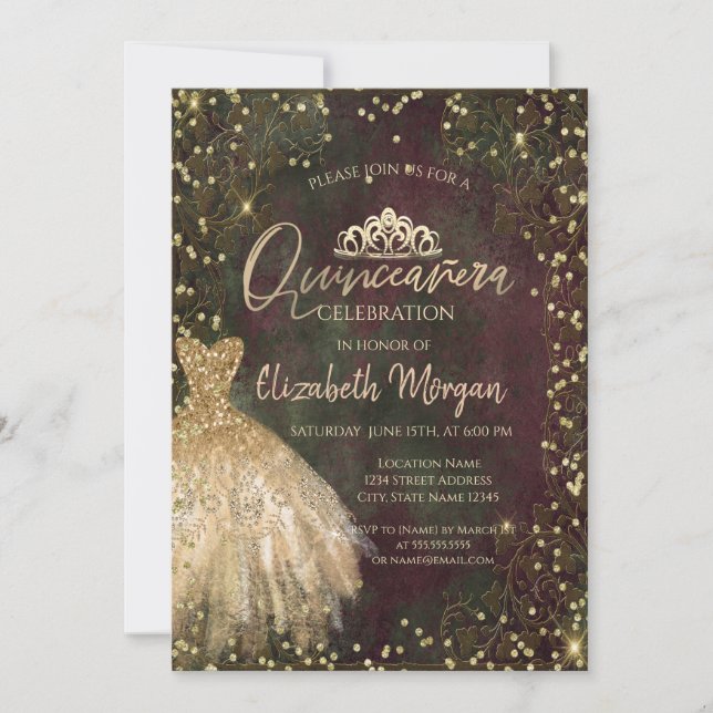 Gold Dress Tiara,Diamonds Retro Quinceañera Invitation (Front)