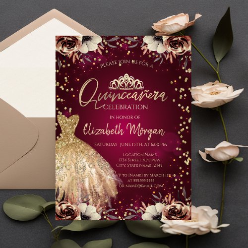 Gold Dress TiaraFlowers Burgundy Quinceaera  Invitation