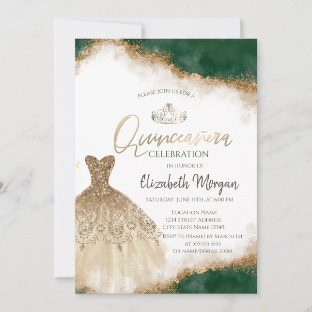 Gold Dress Tiara,Green Glitter Quinceañera  Invitation (Front)