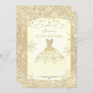 Gold Dress Tiara Winter Wonderland Quinceanera Invitation