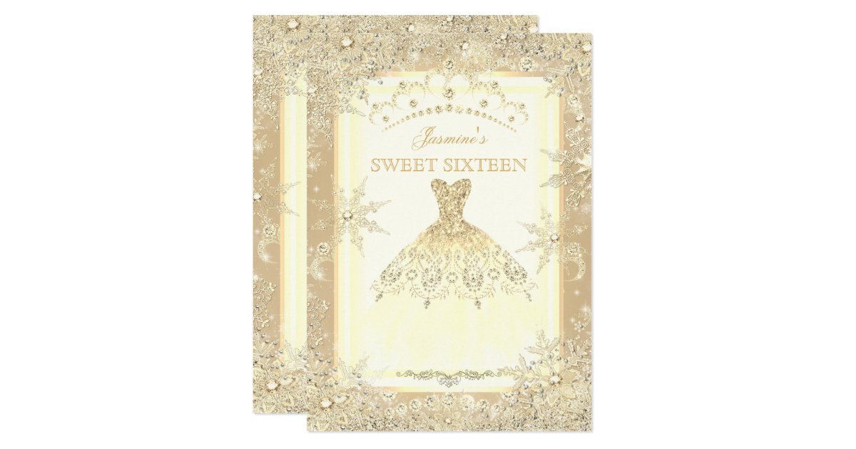 Gold Dress Tiara Winter Wonderland Sweet 16 Party Invitation