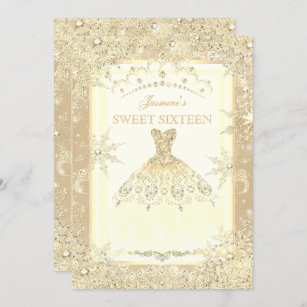 Gold Dress Tiara Winter Wonderland Sweet 16 Party Invitation
