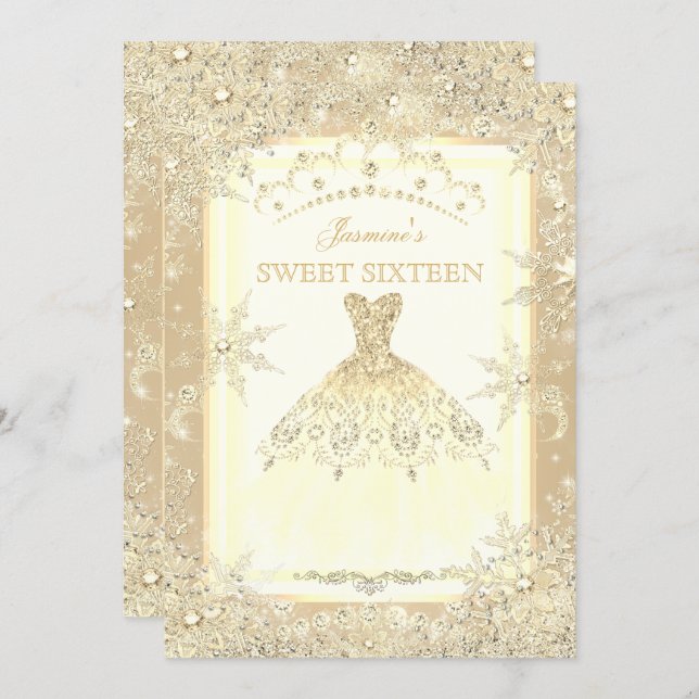 Gold Dress Tiara Winter Wonderland Sweet 16 Party Invitation (Front/Back)